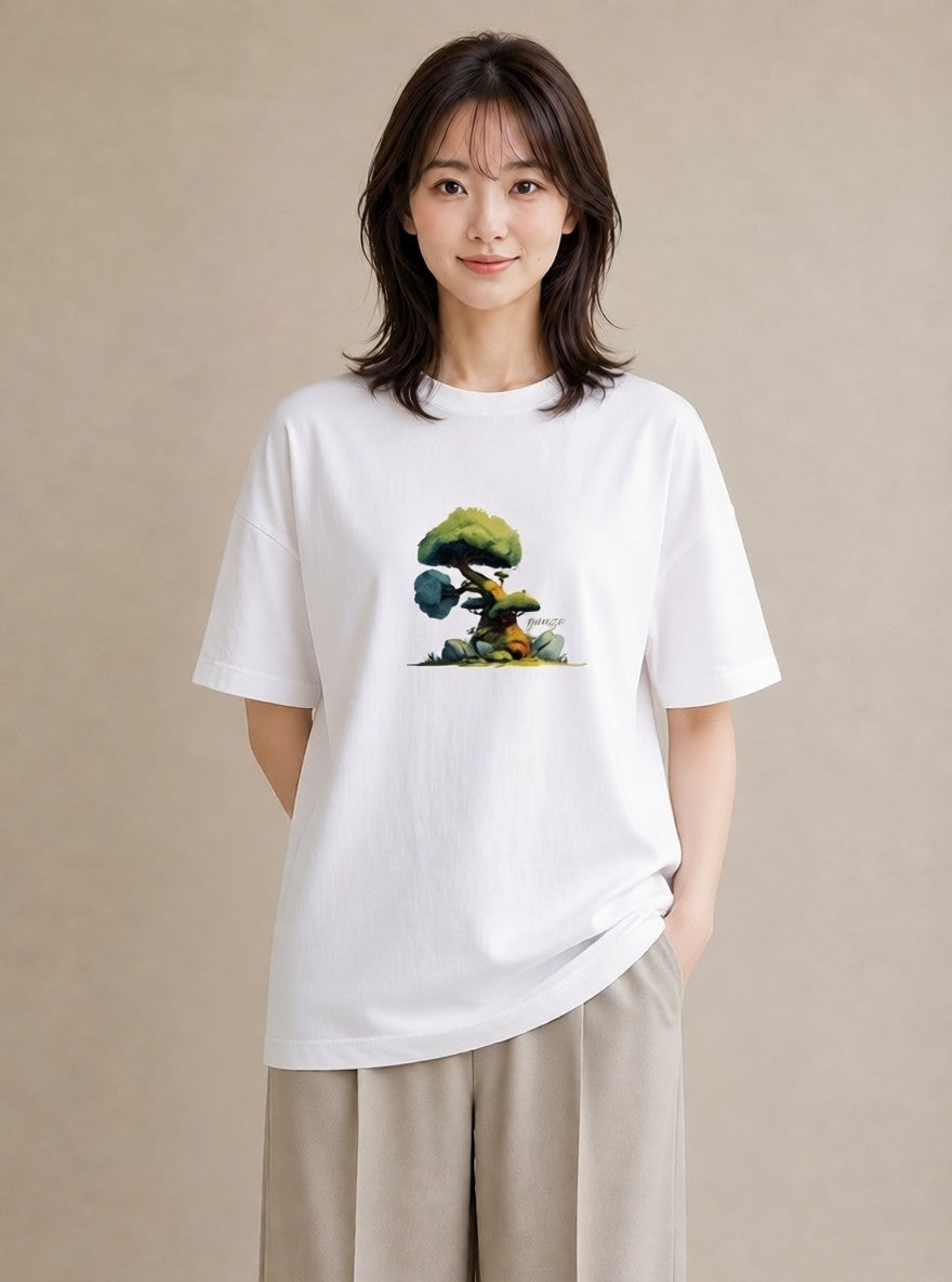 プリントTシャツ レディース 盆栽 植物 ボタニカル イラスト ゆるかわ カジュアルコーデ 買い物 白T YMAZO