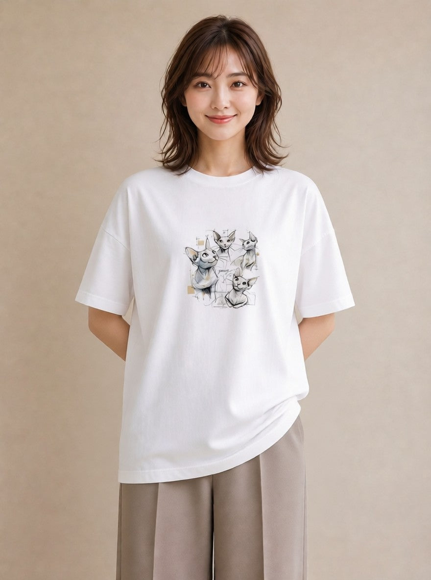 プリントTシャツ レディース シャム柄 猫 ねこ イラスト 線画 女性向けギフト 散歩 白T YMAZO