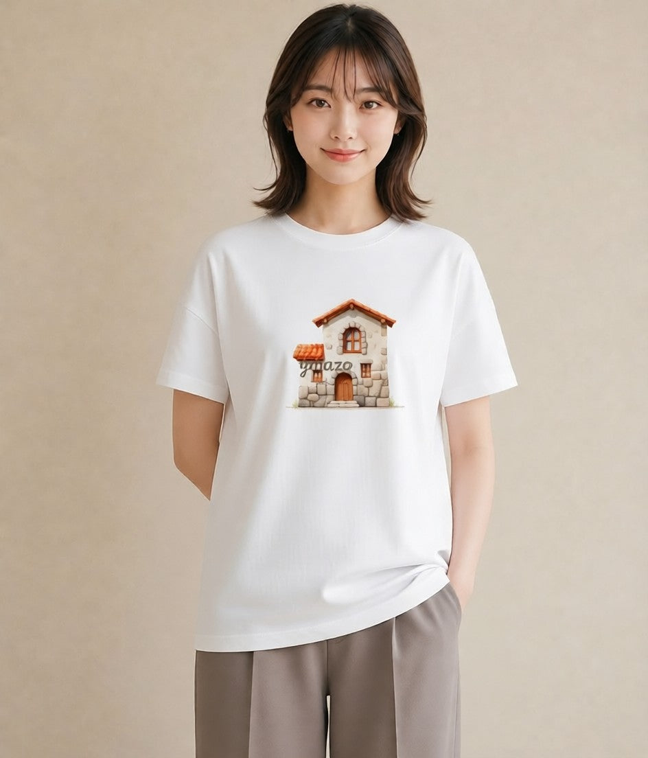 半袖Tシャツ レディース 湖畔の小屋 湖 小屋 ナチュラル アンティーク イラスト ボタニカル ミセス 春コーデ 白T YMAZO