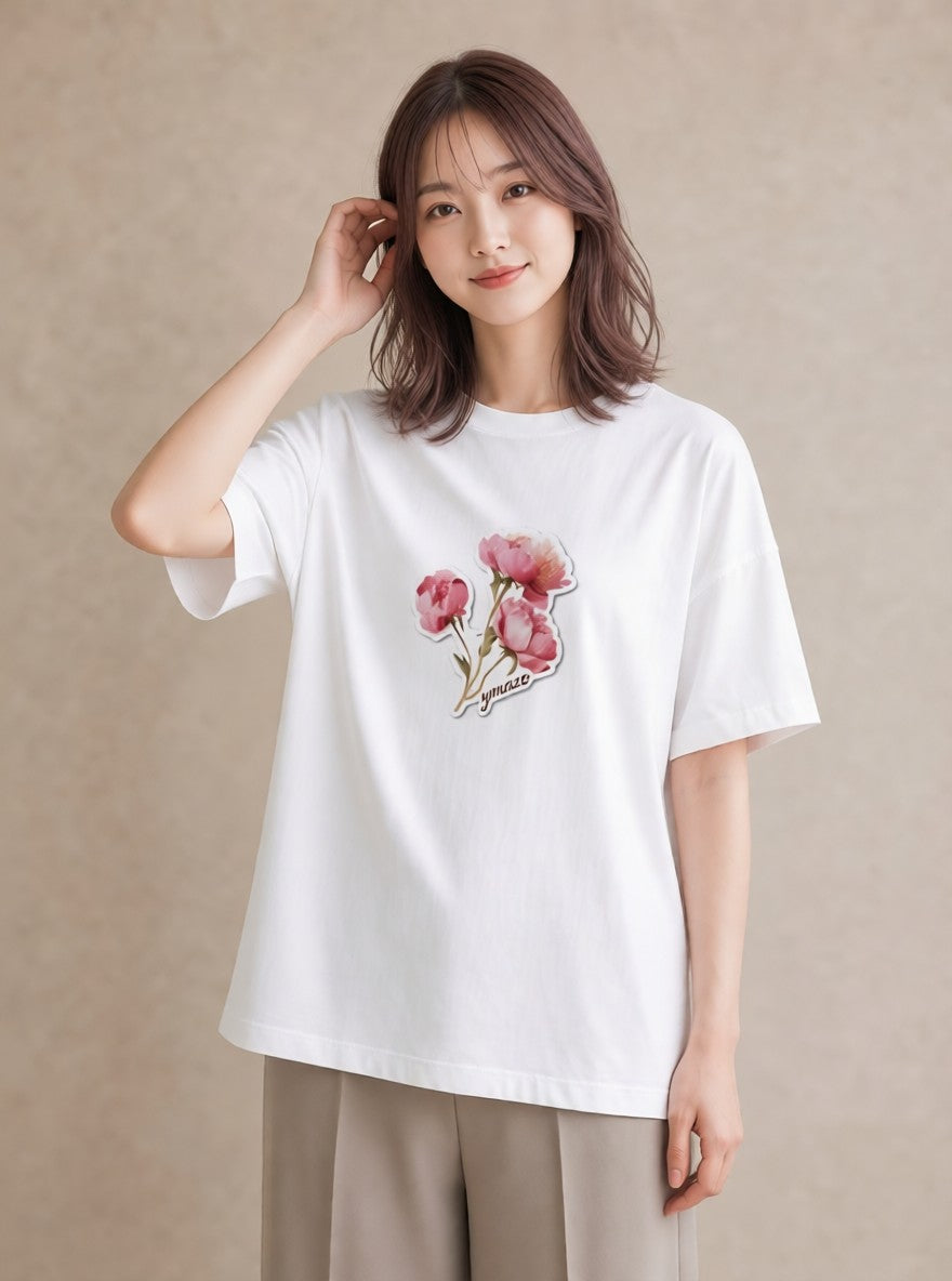 半袖Tシャツ レディース パンジー 花 花柄 イラスト 休日コーデ ビーチ デイリーウェア 白T