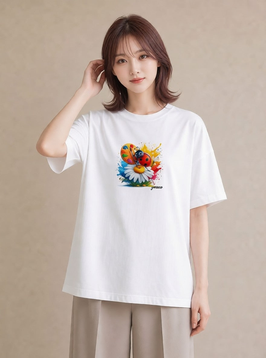 プリントTシャツ レディース てんとう虫 昆虫 虫 イラスト 上品 自分用 ルームウェア 白T YMAZO