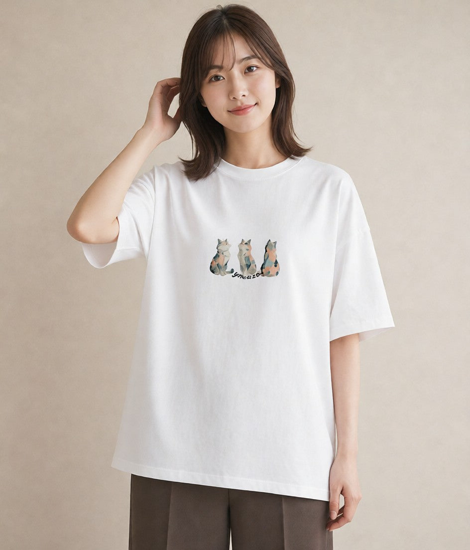 グラフィックTシャツ レディース ぶち猫 猫 ねこ イラスト シンプル 送別ギフト 通勤 白T YMAZO