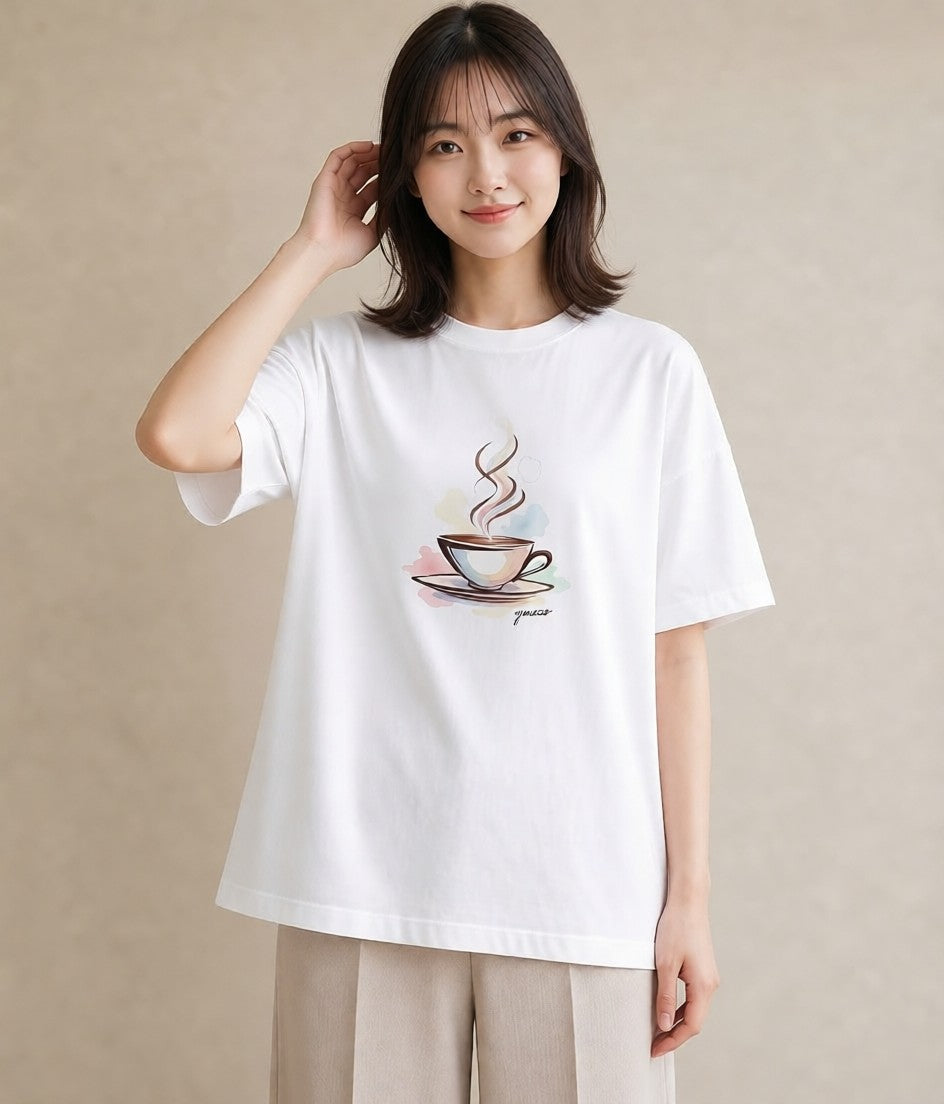 半袖Tシャツ レディース コーヒー カフェ 珈琲 イラスト ボタニカル 帰省 ラフ 白T YMAZO