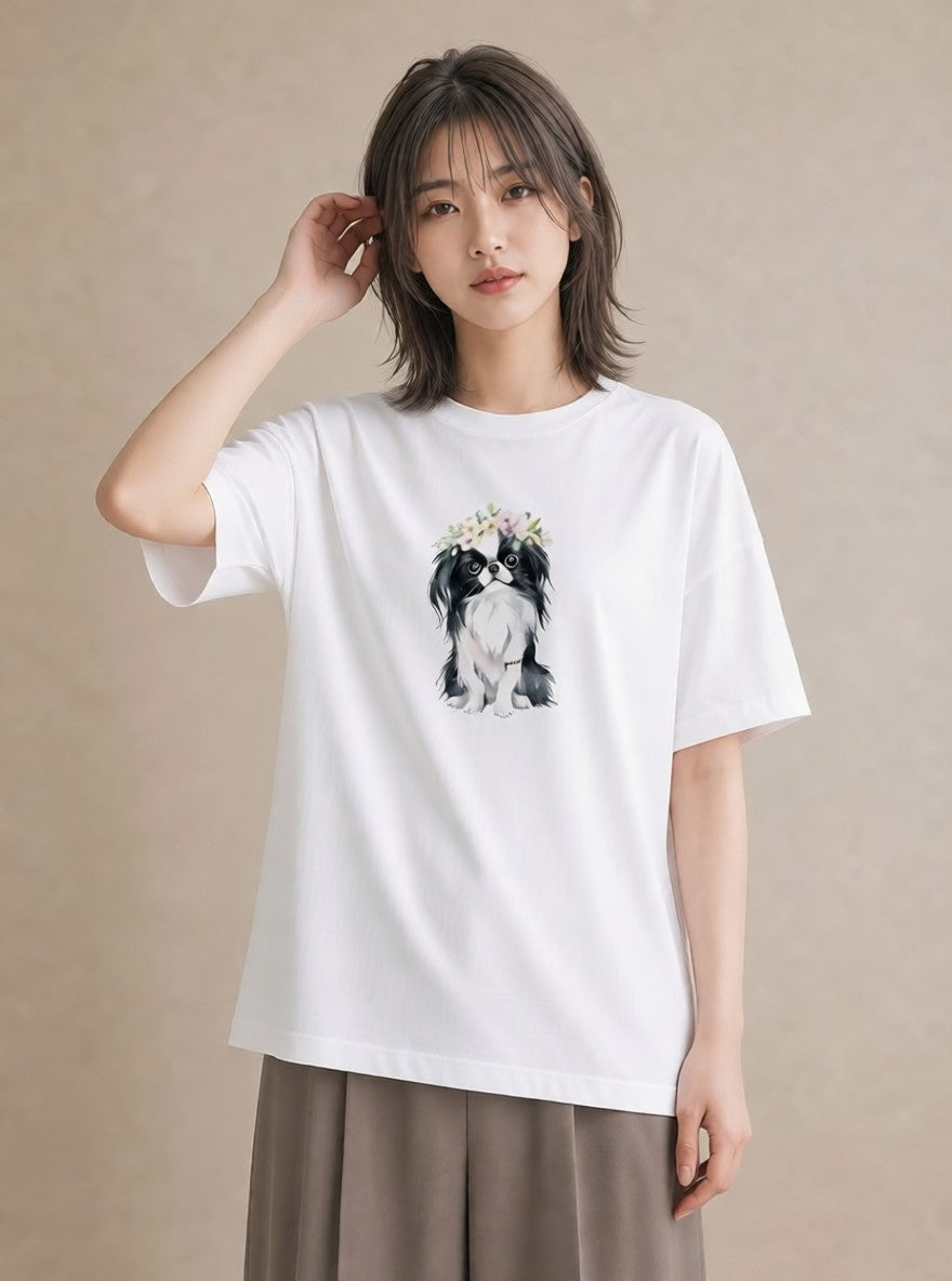 半袖Tシャツ レディース 狆 犬 いぬ イラスト フェミニン 春服 ミセス 白T YMAZO