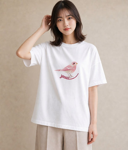 Tシャツ レディース 小鳥 ペット 動物 イラスト ガーリー ラフ レイヤード 白T YMAZO