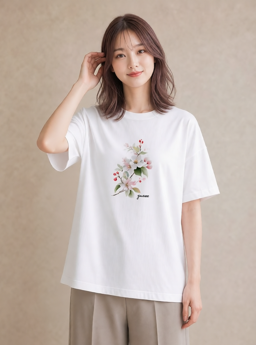 半袖Tシャツ レディース 梅 花 花柄 イラスト こなれ感 母娘コーデ 自分用 白T YMAZO