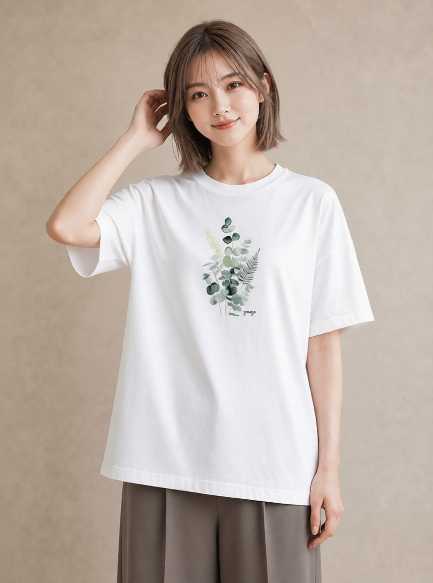 デザインTシャツ レディース シダ 植物 ボタニカル イラスト カジュアル 春服 ミセス 白T YMAZO