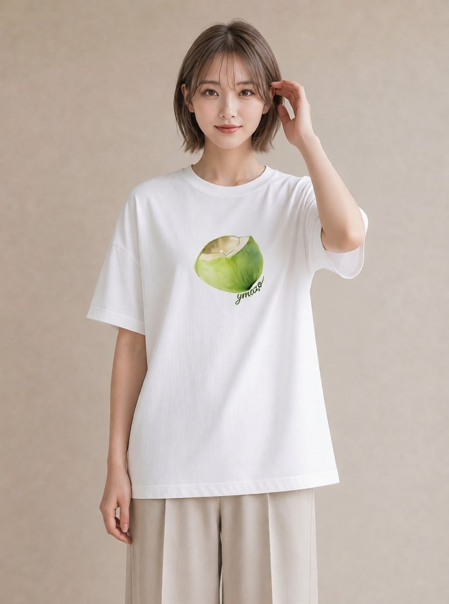 半袖Tシャツ レディース りんご 林檎 アップル 食べ物 フード イラスト 休日コーデ 公園 ママ 白T YMAZO
