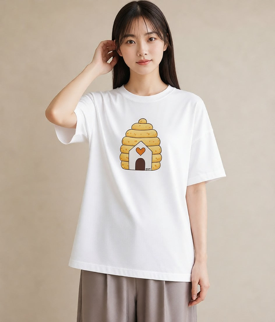プリントTシャツ レディース ハニー 食べ物 フード イラスト 韓国風 買い物 夏コーデ 白T YMAZO