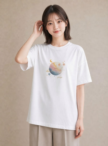 プリントTシャツ レディース 太陽 星空 宇宙 イラスト 水彩風 クリスマス 旅行 白T YMAZO