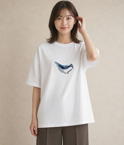 デザインTシャツ レディース クジラ 海の生き物 海 イラスト シンプル 休日 ペアコーデ 白T YMAZO