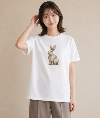 半袖Tシャツ レディース ネザーランドドワーフ ペット 動物 イラスト 手描き風 社会人 女性 白T YMAZO