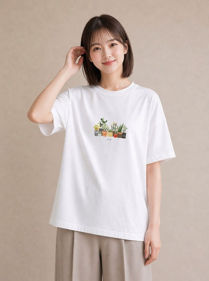 プリントTシャツ レディース 多肉植物 植物 ボタニカル イラスト 上品 母の日 ビーチ 白T YMAZO