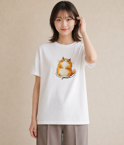 プリントTシャツ レディース 茶トラ 茶猫 猫 ねこ イラスト 淡色 デイリーウェア 休日 白T YMAZO