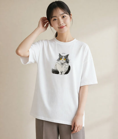 プリントTシャツ レディース 靴下猫 猫 ねこ イラスト 上品 海 カフェ巡り 白T YMAZO