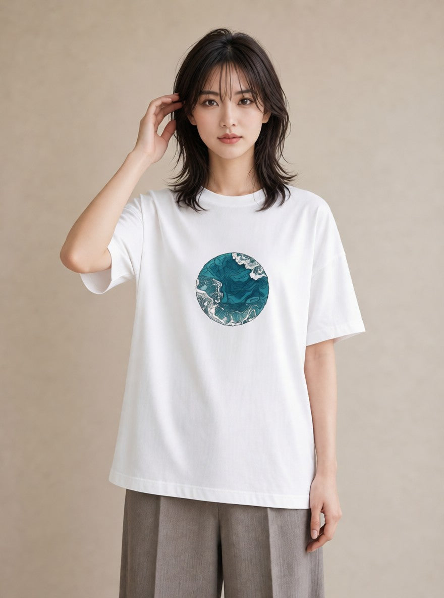 デザインTシャツ レディース 海 星空 宇宙 イラスト ラフカジュアル ママ カフェ服 白T YMAZO