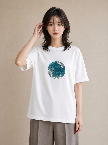 デザインTシャツ レディース 海 星空 宇宙 イラスト ラフカジュアル ママ カフェ服 白T YMAZO