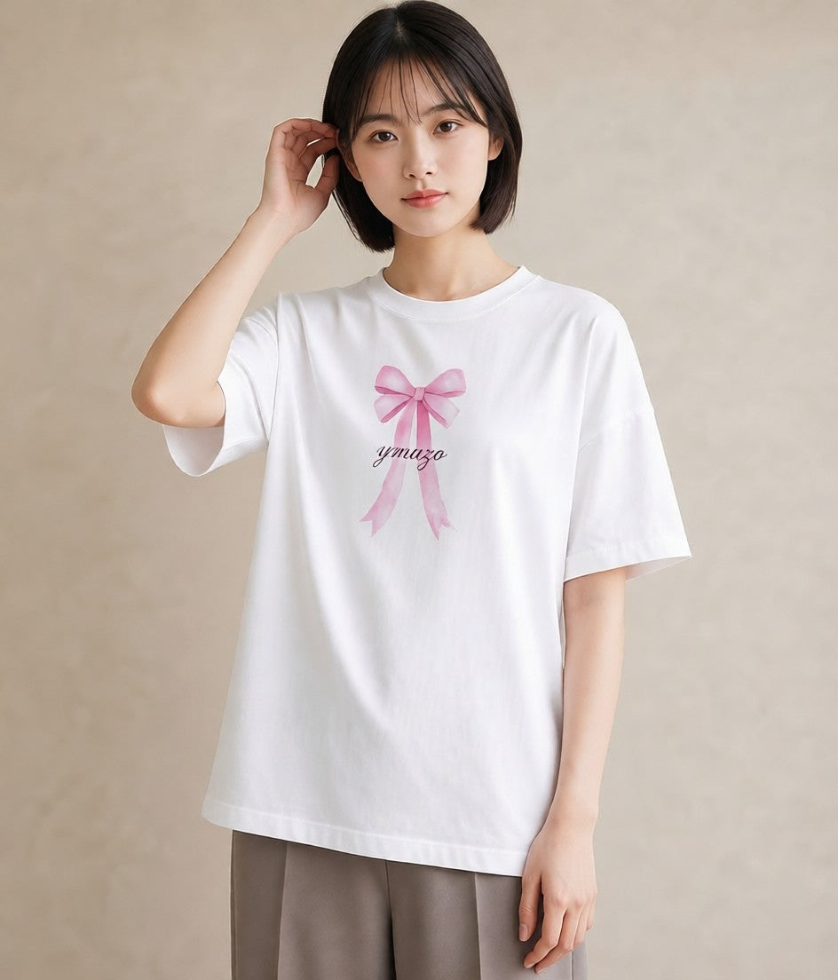 半袖Tシャツ レディース リボン 蝶結び ナチュラル アンティーク イラスト ポップ 母娘コーデ 自分用 白T YMAZO
