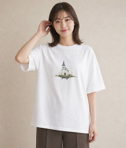 グラフィックTシャツ レディース 灯りの家 小屋 夜 ナチュラル アンティーク イラスト 手描き風 20代 カジュアルコーデ 白T YMAZO