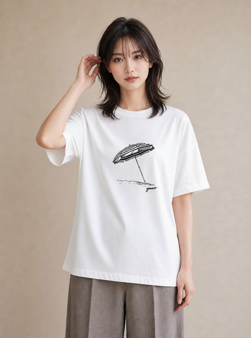 グラフィックTシャツ レディース 傘 水たまり 雨 ナチュラル アンティーク イラスト 韓国風 送別ギフト 通勤 白T YMAZO