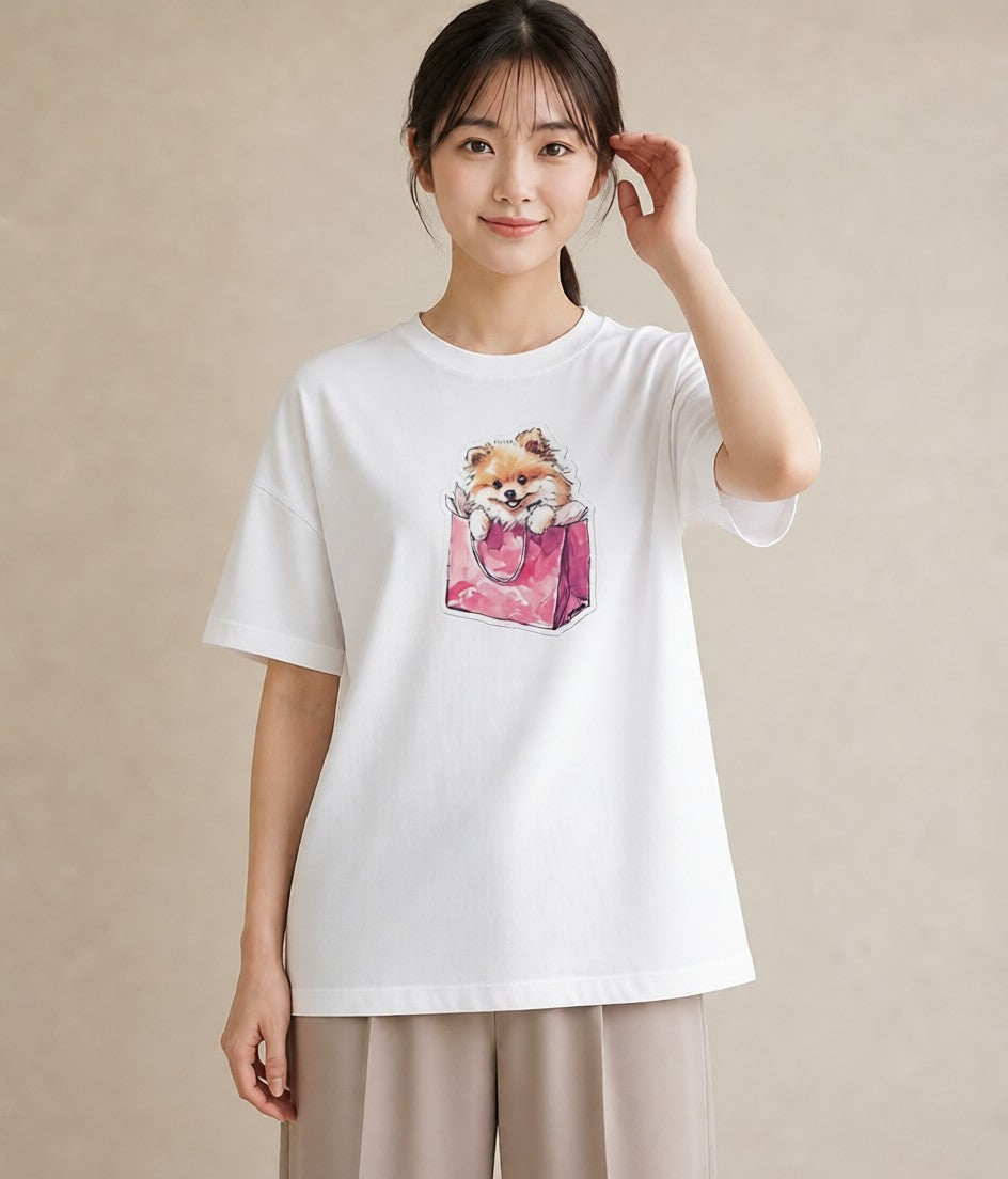 半袖Tシャツ レディース ポメラニアン ポメ 犬 いぬ イラスト ミニマル お出かけ 普段着 白T YMAZO