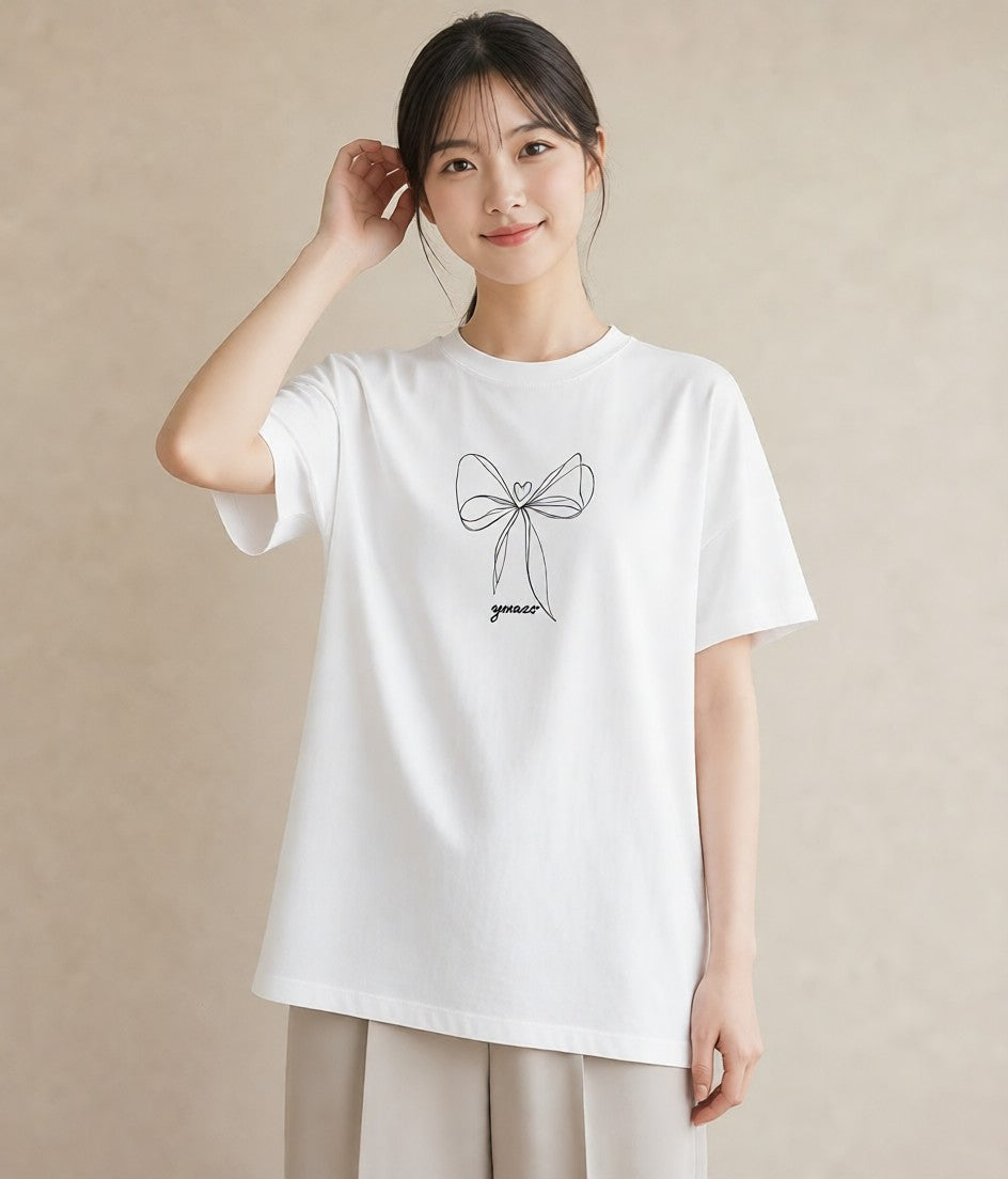 Tシャツ レディース リボン ボウ りぼん イラスト 線画 夏コーデ 通学 白T YMAZO
