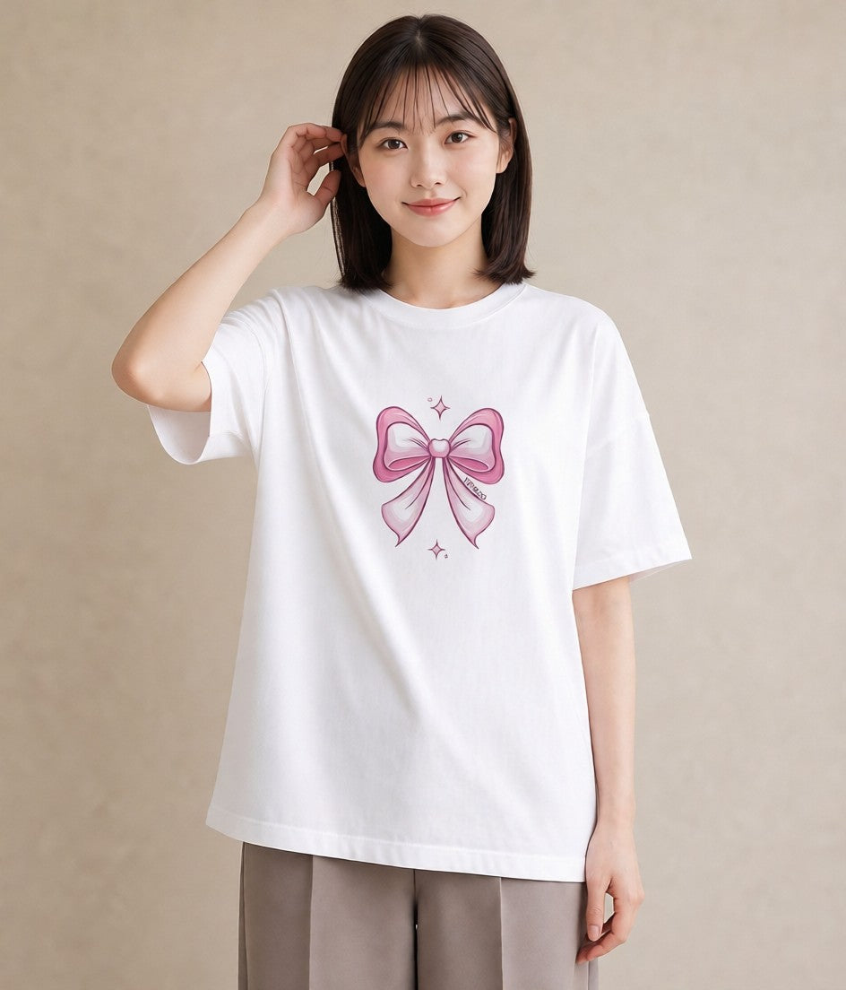 プリントTシャツ レディース リボン 蝶結び ナチュラル アンティーク イラスト ゆるかわ ホワイトデー 春服 白T YMAZO