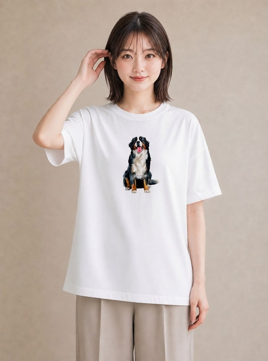 デザインTシャツ レディース バーニーズマウンテンドッグ 犬 いぬ イラスト レトロ ラフ レイヤード 白T YMAZO