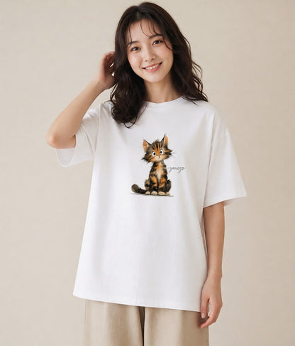 Tシャツ レディース 茶トラ 茶猫 猫 ねこ イラスト ボタニカル カジュアルコーデ 買い物 白T YMAZO