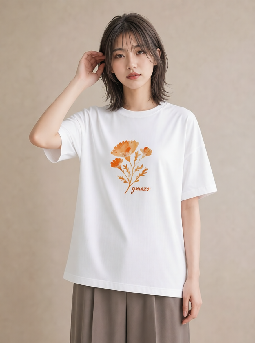 半袖Tシャツ レディース クローバー 四つ葉 花 花柄 イラスト 線画 カフェ服 クリスマス 白T
