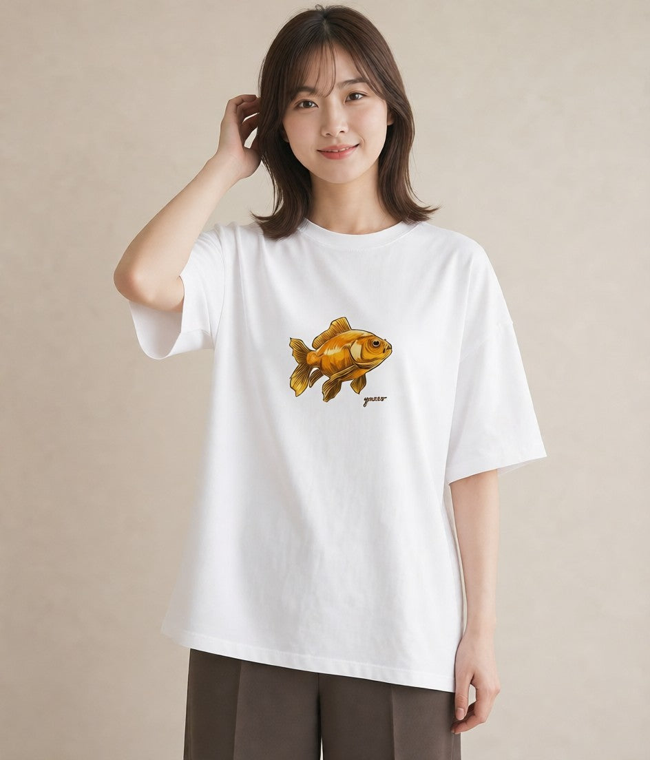 半袖Tシャツ レディース らんちゅう ペット 動物 イラスト ニュアンス 海 カフェ巡り 白T YMAZO