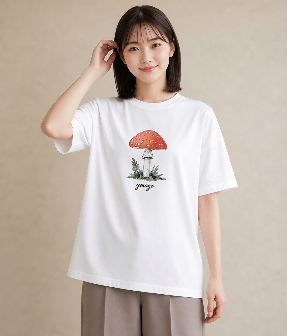 Tシャツ レディース きのこ 植物 ボタニカル イラスト カフェ巡り 女子会 白T YMAZO
