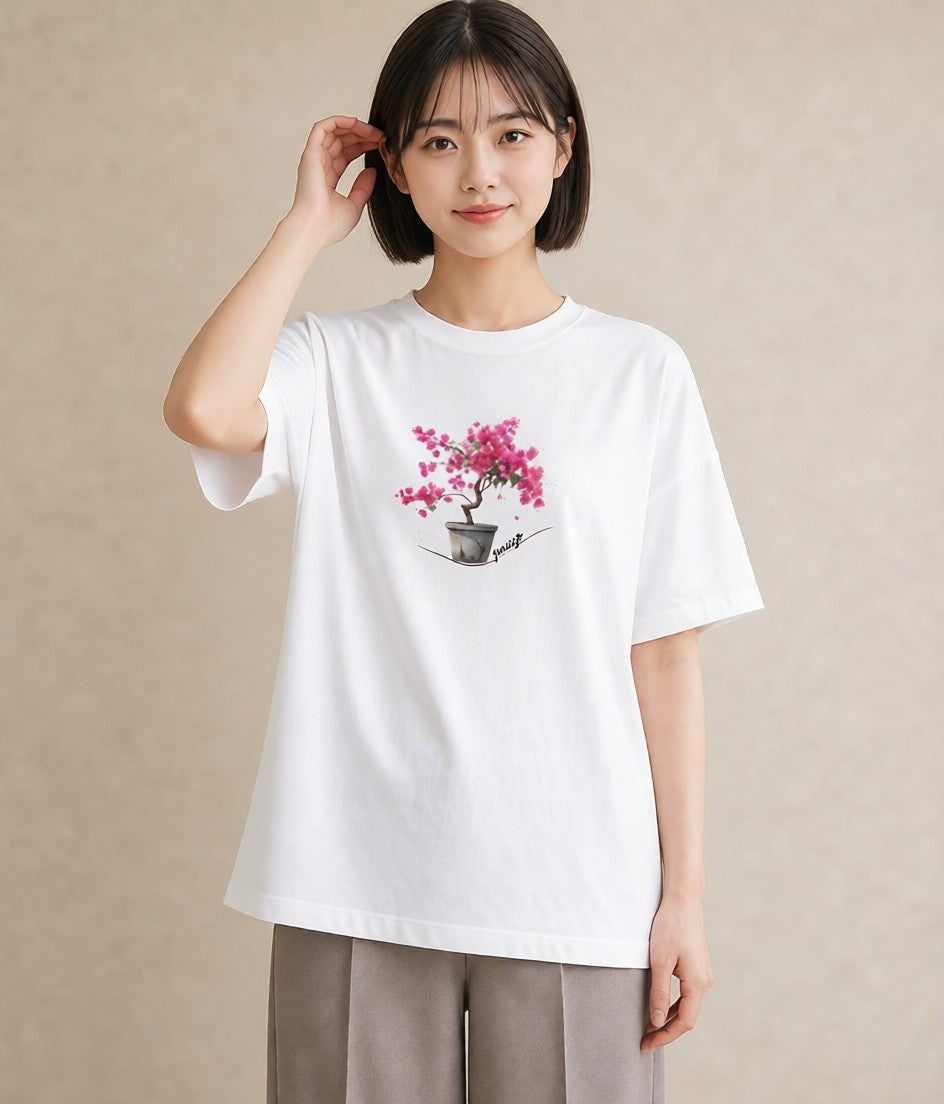 デザインTシャツ レディース 盆栽 植物 ボタニカル イラスト レトロ 普段着 週末コーデ 白T YMAZO