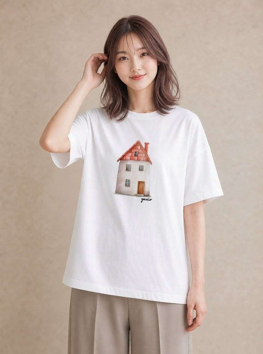 Tシャツ レディース 夕暮れ バルコニー 夕焼け ナチュラル アンティーク イラスト ボタニカル 部屋着 女性向けギフト 白T YMAZO