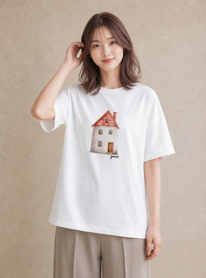 Tシャツ レディース 夕暮れ バルコニー 夕焼け ナチュラル アンティーク イラスト ボタニカル 部屋着 女性向けギフト 白T YMAZO