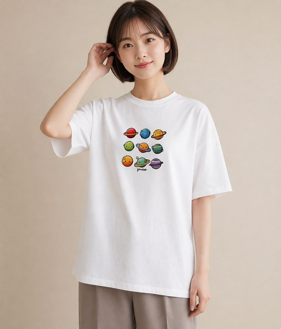 半袖Tシャツ レディース 宇宙 星空 イラスト 旅行コーデ デイリーウェア 休日 白T YMAZO
