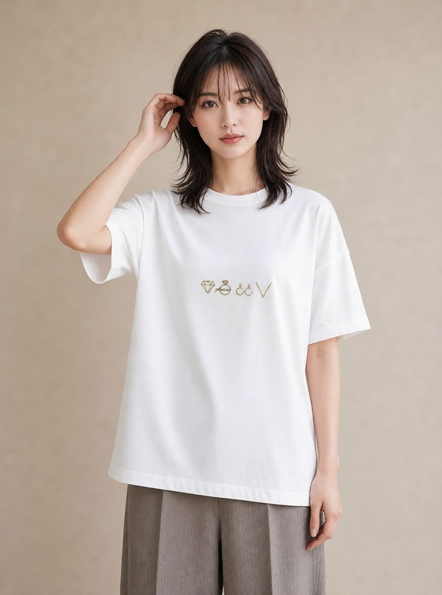 Tシャツ レディース パールピアス アクセサリー ナチュラル アンティーク イラスト アート風 誕生日プレゼント 綿100 白T YMAZO
