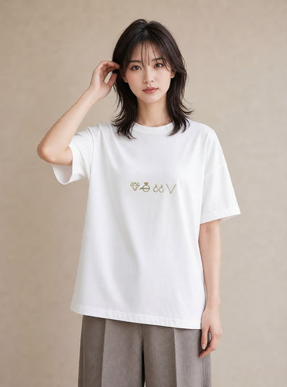 Tシャツ レディース パールピアス アクセサリー ナチュラル アンティーク イラスト アート風 誕生日プレゼント 綿100 白T YMAZO