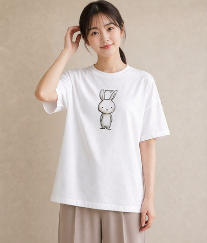 半袖Tシャツ レディース ミニうさぎ ペット 動物 イラスト ガーリー レイヤード 友達ギフト 白T YMAZO