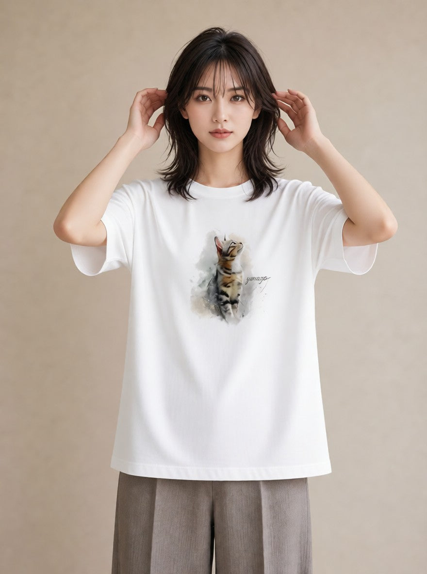 デザインTシャツ レディース 猫 ねこ イラスト 休日コーデ ペアコーデ 秋コーデ 白T YMAZO