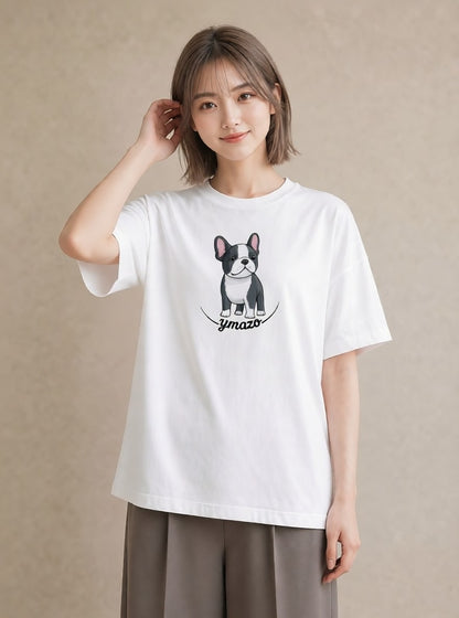 デザインTシャツ レディース 子犬 犬 いぬ イラスト フェミニン 誕生日プレゼント 綿100 白T YMAZO