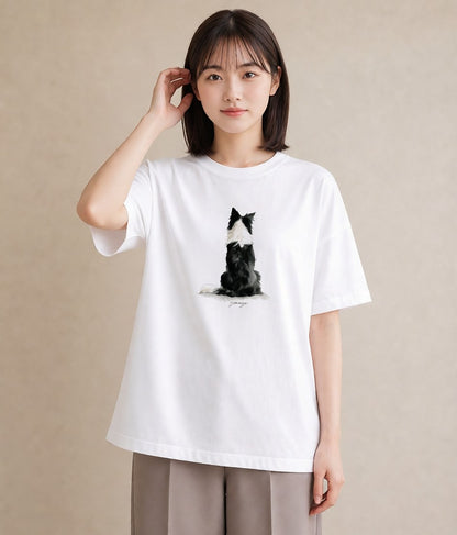 半袖Tシャツ レディース ボーダーコリー 犬 いぬ イラスト 個性的 ルームウェア ギフト 白T YMAZO