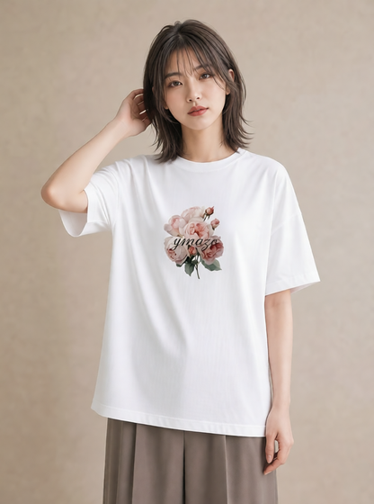 半袖Tシャツ レディース バラ 薔薇 ローズ 花 花柄 イラスト こなれ感 部屋着 女性向けギフト 白T