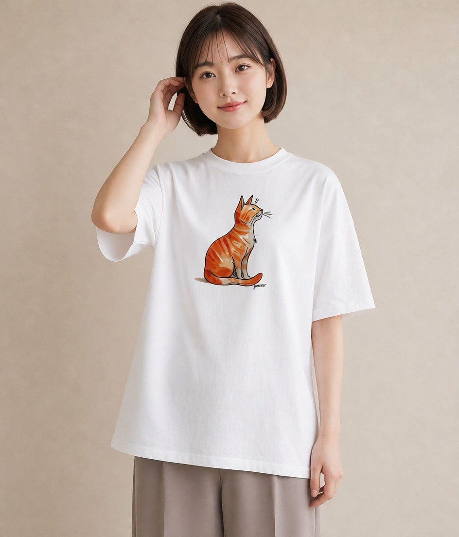 グラフィックTシャツ レディース 猫好き 猫 ねこ イラスト 韓国風 休日 ペアコーデ 白T YMAZO
