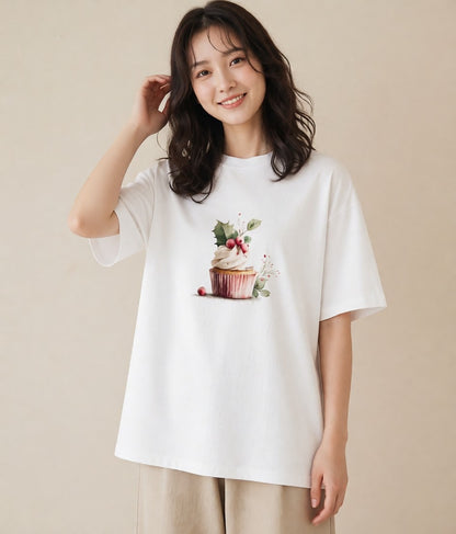 半袖Tシャツ レディース マフィン 食べ物 フード イラスト 線画 部屋着 女性向けギフト 白T YMAZO