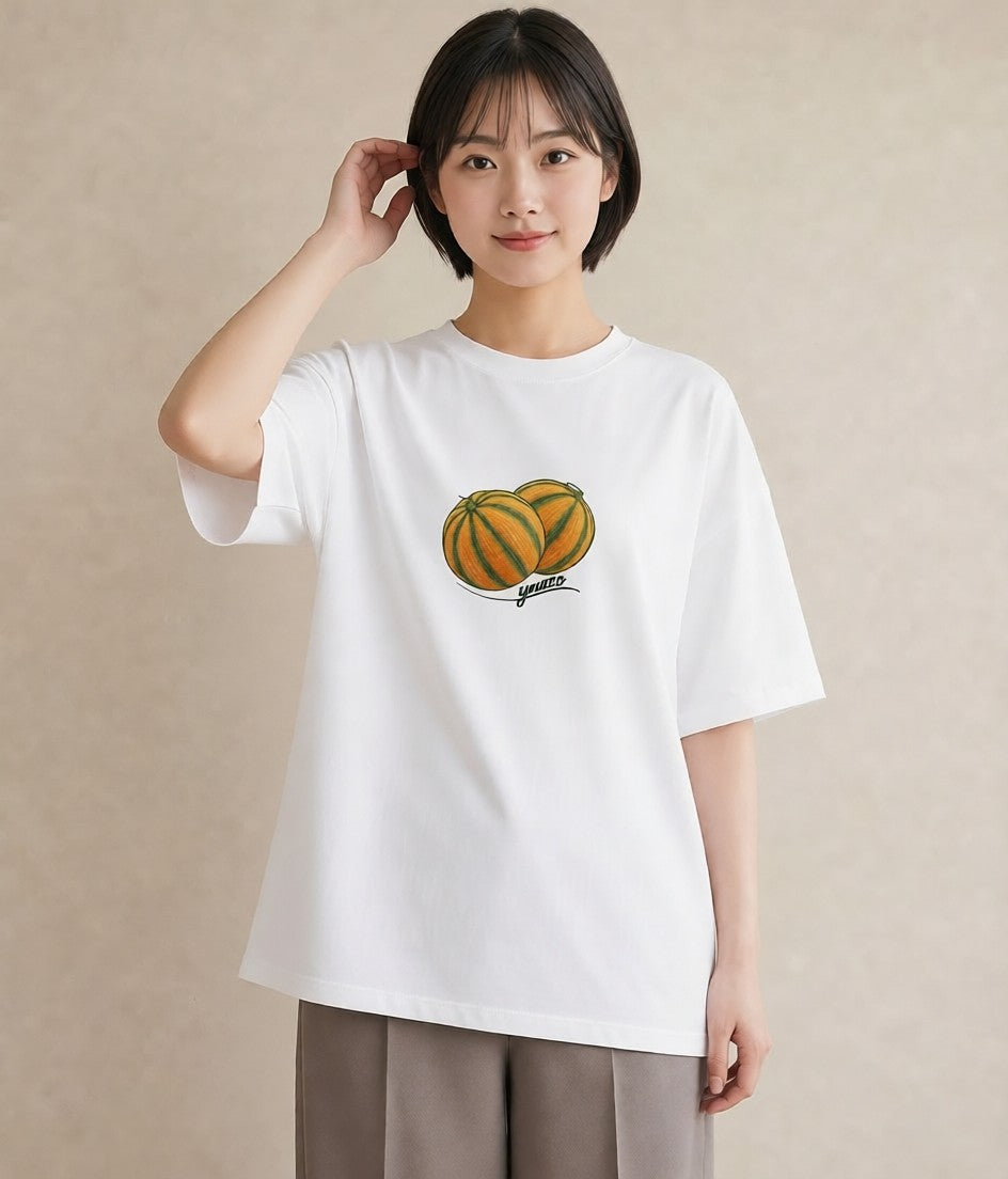 グラフィックTシャツ レディース メロン 食べ物 フード イラスト きれいめカジュアル カフェ巡り 女子会 白T YMAZO