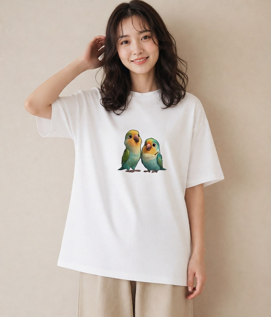 半袖Tシャツ レディース コザクラインコ ペット 動物 イラスト ラフ デイリーウェア 休日 白T YMAZO