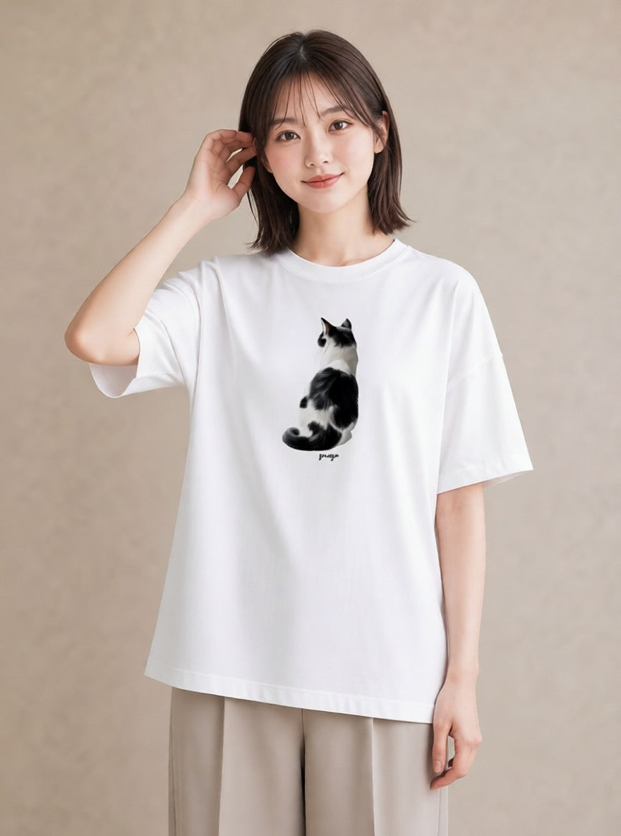 プリントTシャツ レディース サバトラ 猫 ねこ イラスト 上品 カジュアルコーデ 買い物 白T YMAZO