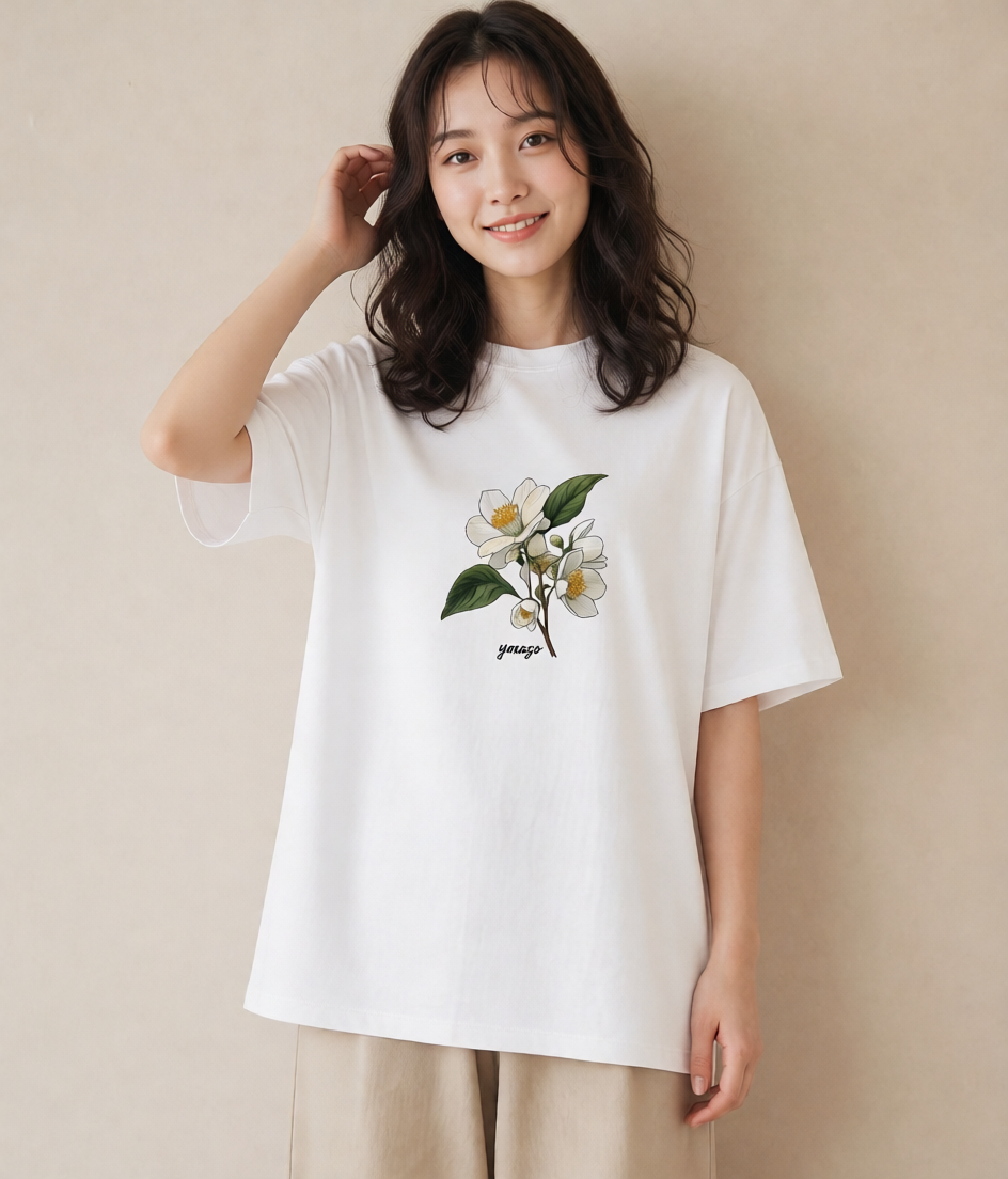 デザインTシャツ レディース 椿 花 花柄 イラスト ポップ 夏コーデ 通学 白T