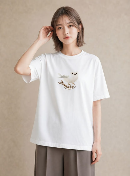 プリントTシャツ レディース シロフクロウ 動物 アニマル イラスト 韓国風 ホワイトデー 春服 白T YMAZO